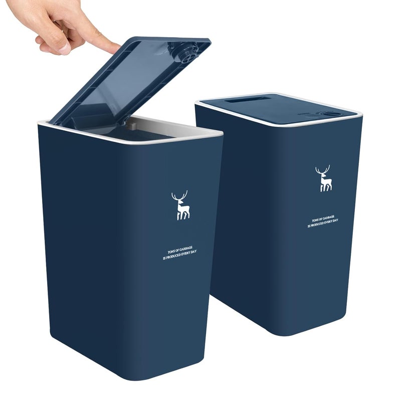 XPIY Trash Can with Lid, 2 Pack 4 Gallons/15 Liters Garbage Can with Press Top, Small Trash Can Dog Proof, Plastic Trash Bin, Waste Basket for Bathroom|Kitchen|Bedroom|Office (2, Blue) - Image 1